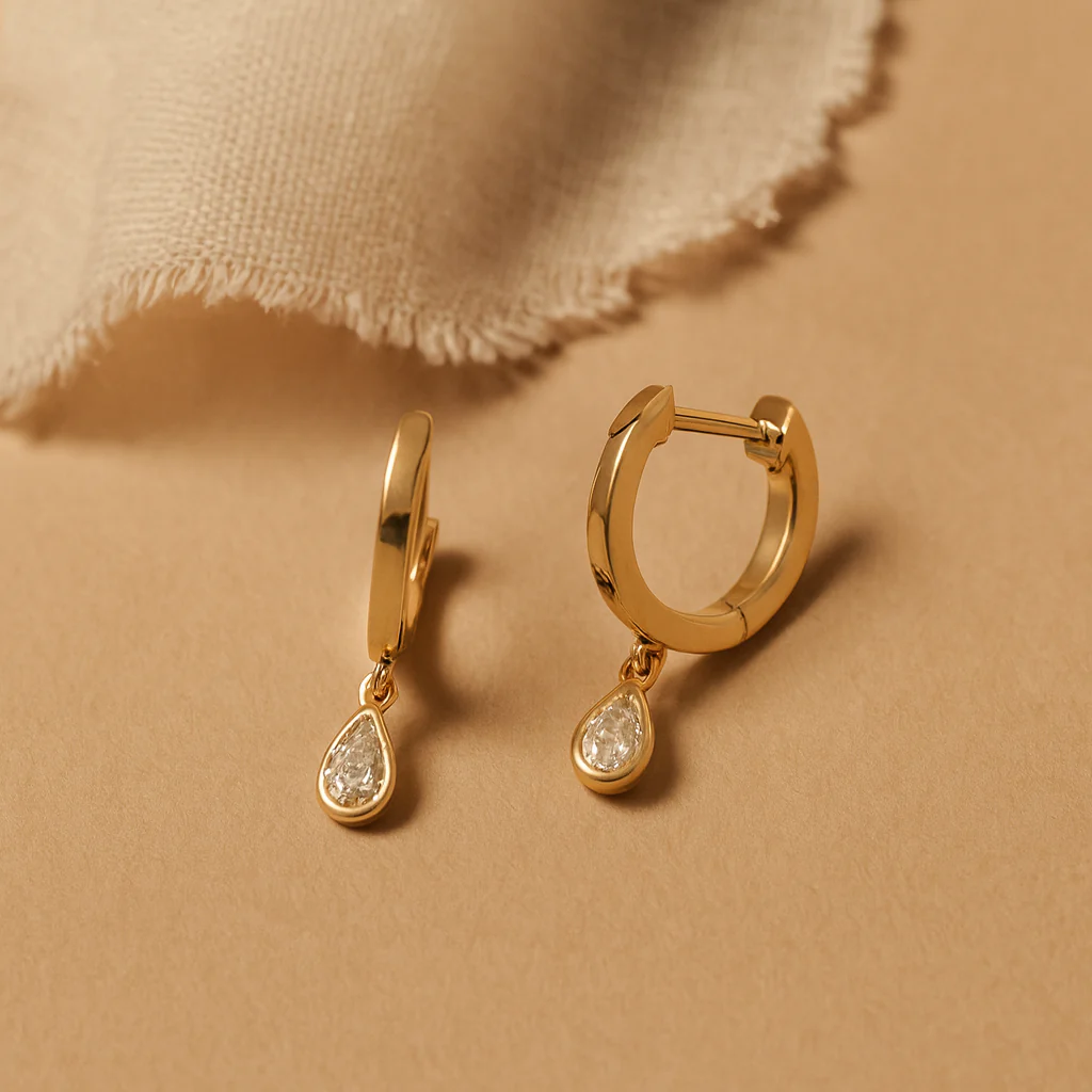 Bezel Diamond Pear Drop Huggie - Image 2