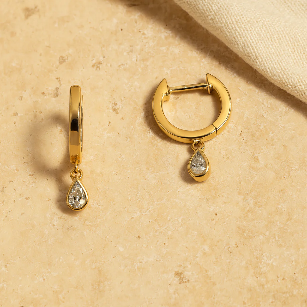 Bezel Diamond Pear Drop Huggie - Image 4